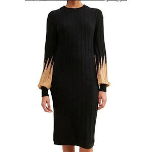Callahan New Balloon Long Sleeve Sweater Dress Black Gold Metallic Size X Small
